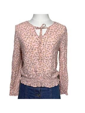 SO Floral Blouse Womens Medium Pink Smocked Waist Keyhole Tie Long Sleeve Rayon